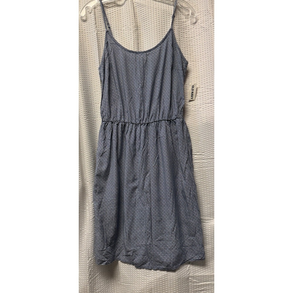 Old Navy Women's Blue White Geometric Spaghetti Strap Dress Cinched SZ‎ Med NWT